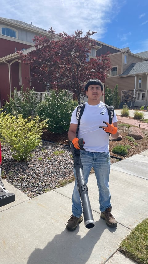Man holding a leaf blower in a residential driveway with houses and landscaping in background