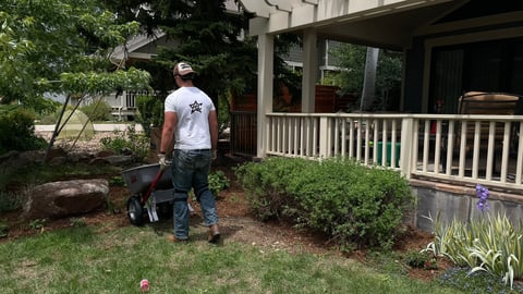 Man in white shirt and jeans using a leaf blower on a residential front lawn with house and white railing visible