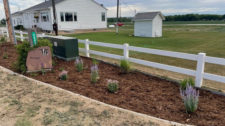 White farmhouse with white fencing, green mailbox, and mulched landscaping bed with young shrubs on rural property