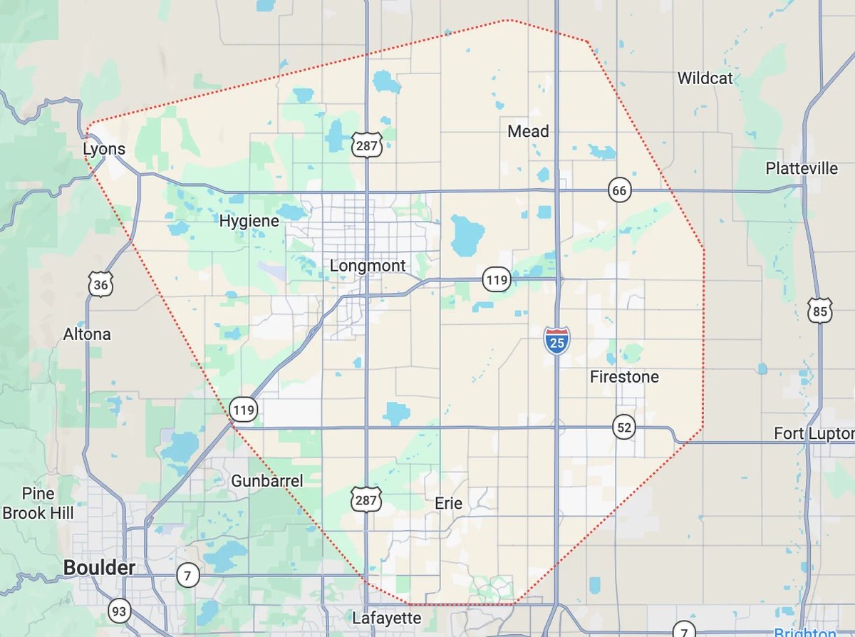 Map of Colorado showing Boulder, Longmont, and surrounding cities with roads and county boundaries outlined.
