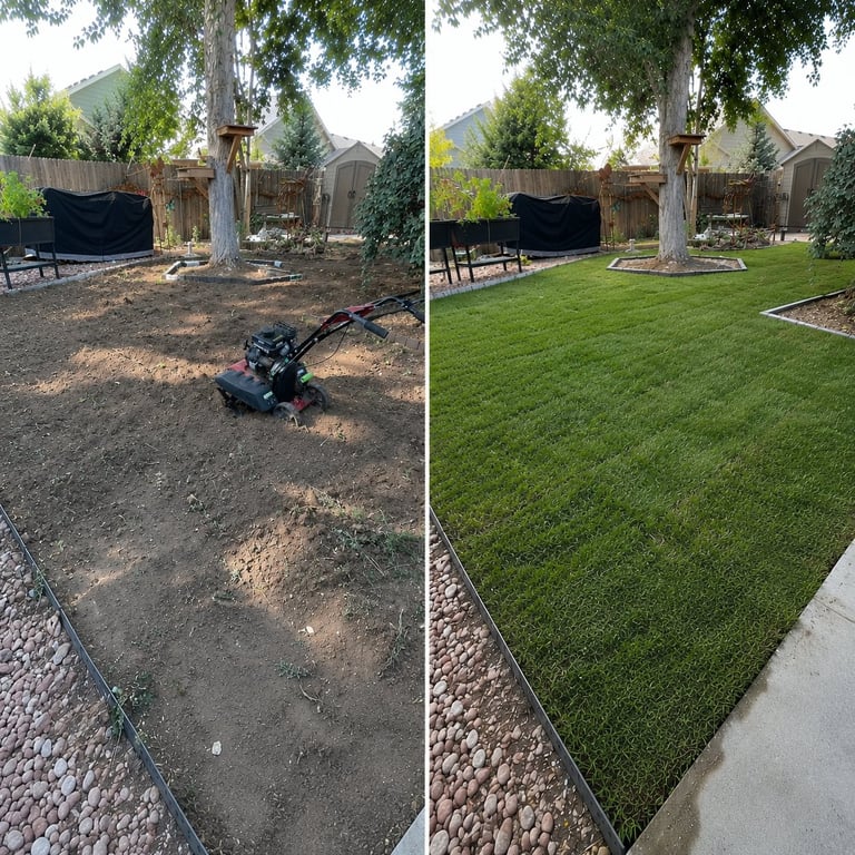 Before and after comparison of a backyard transformation from bare dirt to lush green lawn with landscaping
