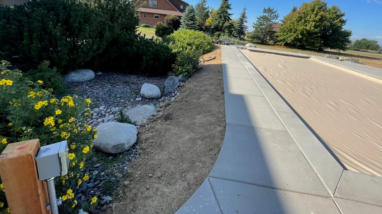 Landscaped driveway with yellow flowers, decorative rocks, and gravel bordering a concrete pathway on a sunny day