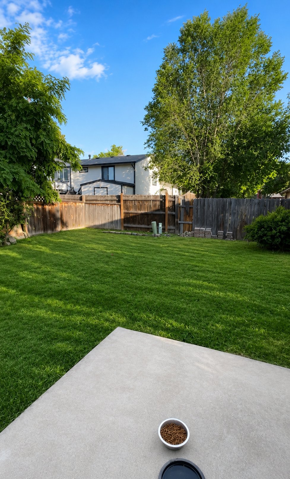 Spacious backyard with green lawn, wooden fence, and residential house surrounded by tall trees under clear blue sky